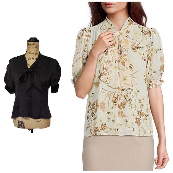 ✨Tie Mock Neck Short Sleeve Print Blouse✨ - Picture 1 of 6